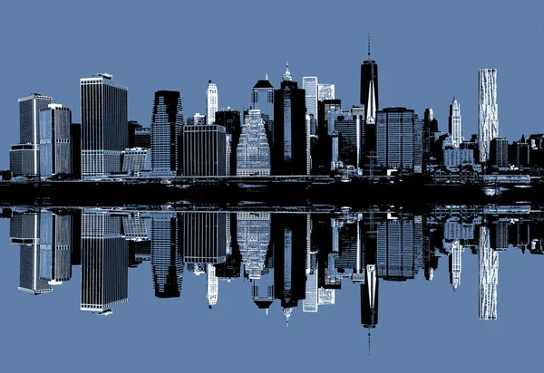 曼哈顿的抽象图像 早晨纽约市天际线全景与反射 蓝色的当代艺术和海报风格 — 图库照片