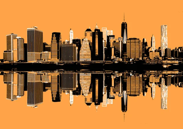 맨하탄의 이미지입니다 반사와 뉴욕시 스카이 라인의 파노라마입니다 오렌지에서 예술과 포스터 — 스톡 사진