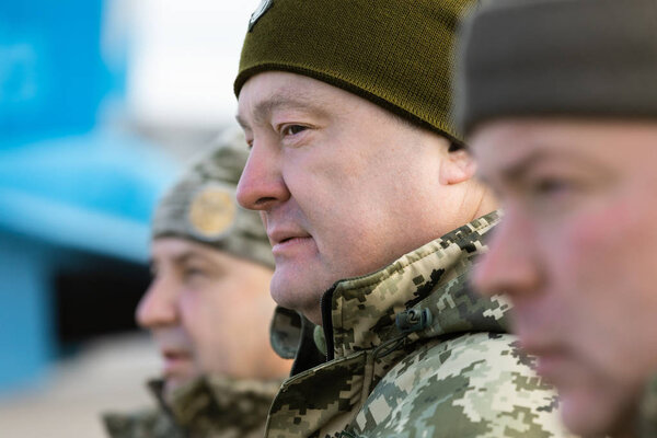 ZHYTOMYR Reg, UKRAINE - Dec. 06, 2018: President Poroshenko visited training center of the airborne troops of AFU in Zhytomyr region and congratulated the military on the Day of the Armed Forces