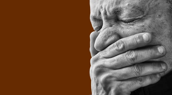 Toothache Black White Portrait Old Elderly Man Face Closed Hand — Stock Photo, Image