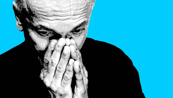 Elderly man covers his face with hand. Old man feeling tired and headache. Strong headache. Black white image with blue background. Contemporary art poster style image with copy space