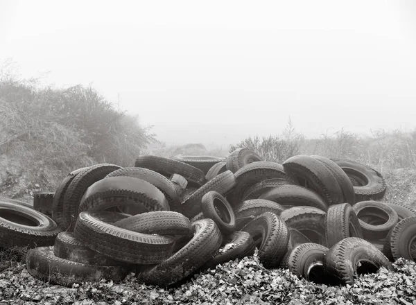 生态理念 堆的旧轮胎 在一个雾蒙蒙的秋日 在城市里倾倒旧轮胎 — 图库照片
