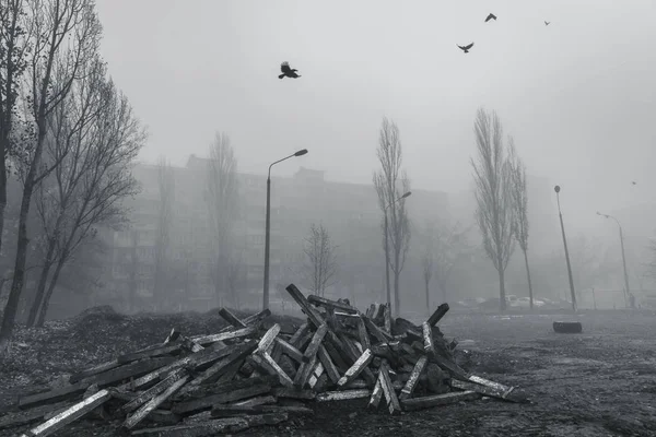 Foggy Höst Morgon Staden Ekologiskt Begrepp Djupt Dimma Stadens Gata — Stockfoto