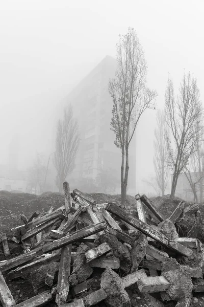 Foggy Höst Morgon Staden Ekologiskt Begrepp Djupt Dimma Stadens Gata — Stockfoto
