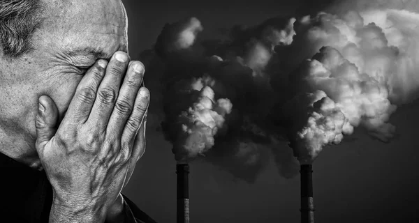 Concepto Ecológico Imagen Blanco Negro Anciano Con Cara Cerrada Por — Foto de Stock