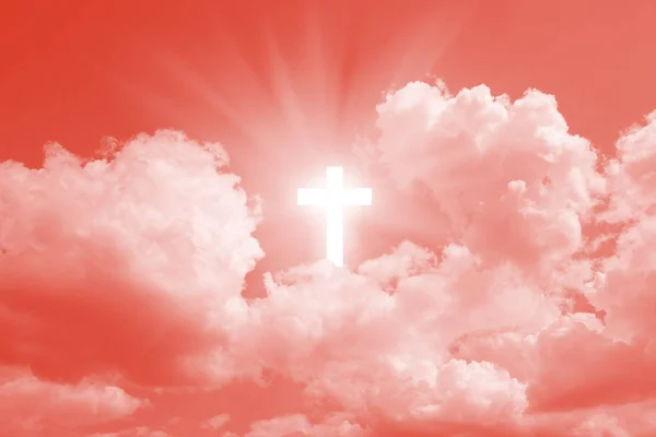 Concept Religieux Signe Foi Croix Dans Ciel Image Couleur Corail — Photo