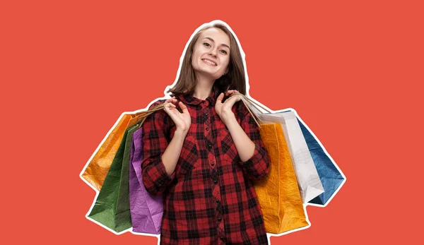 Glad Ung Kvinna Med Shoping Väskor Tidningen Stil Kollage Med — Stockfoto