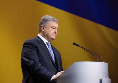Kiev, Ukrayna - 16 Aralık 2018: Başkan, Ukrayna Petro Poroshenko Kiev bir basın toplantısında