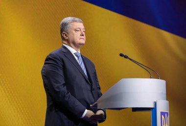 Kiev, Ukrayna - 16 Aralık 2018: Başkan, Ukrayna Petro Poroshenko Kiev bir basın toplantısında