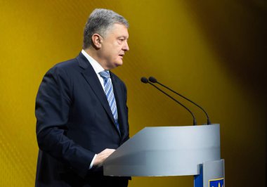 Kiev, Ukrayna - 16 Aralık 2018: Başkan, Ukrayna Petro Poroshenko Kiev bir basın toplantısında
