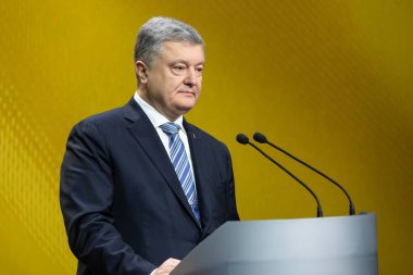 Kiev, Ukrayna - 16 Aralık 2018: Başkan, Ukrayna Petro Poroshenko Kiev bir basın toplantısında