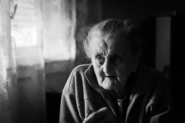 Black White Image Old Depressed Woman Elderly Lonely Woman Sits — Stock Photo, Image