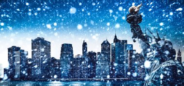 New York şehri. Kış konsepti. NYC yağan kar. Kar yağışı Manhattan'da kış
