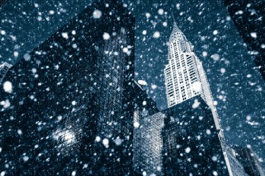 New York şehri. Kış konsepti. NYC yağan kar. Kar yağışı Manhattan'da kış