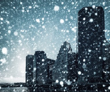 New York şehri. Kış konsepti. NYC yağan kar. Kar yağışı Manhattan'da kış