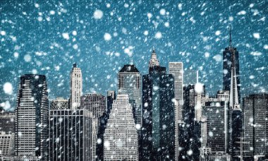 New York şehri. Kış konsepti. NYC yağan kar. Kar yağışı Manhattan'da kış