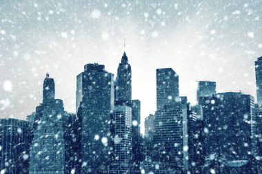 New York şehri. Kış konsepti. NYC yağan kar. Kar yağışı Manhattan'da kış
