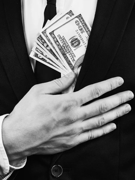 Black White Image Young Man Black Suit Holding Certain Amount — Stock Photo, Image