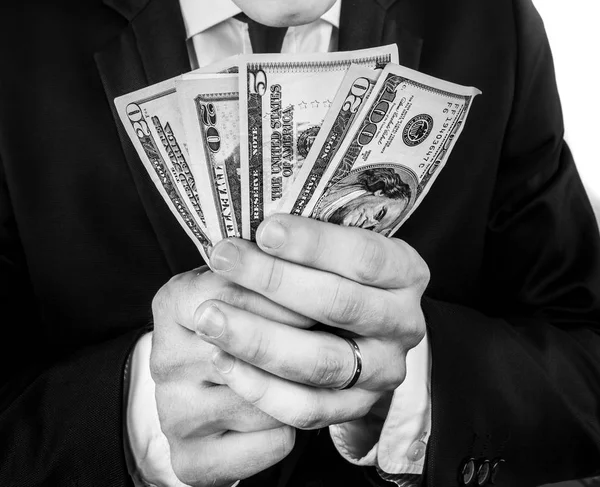 Black White Image Young Man Black Suit Holding Certain Amount — Stock Photo, Image