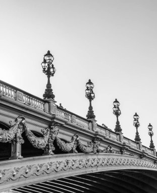Güzel bridge of Alexandre III Paris'te. Süslü Art Nouveau lambaları ve heykeller ile dekore edilmiş