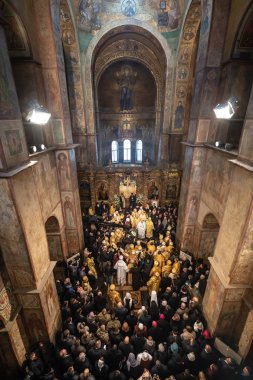 Kiev, Ukrayna - 03 Şubat 2019: Ayin ve tahta çıkma töreninden primat Ukrayna Ortodoks Kilisesi, Metropolitan Kiev ve bütün Ukrayna Epifaniy