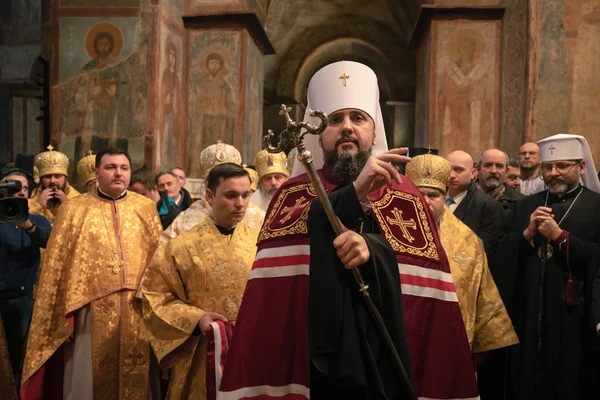 Kiev Ucrania Febrero 2019 Liturgia Entronización Del Primado Iglesia Ortodoxa — Foto de Stock