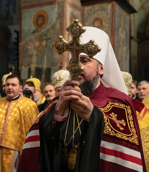 KIEV, UKRAINE - Feb. 03, 2019: Liturgy and enthronement of Primate of the Orthodox Church of Ukraine, Metropolitan of Kyiv and All Ukraine Epifaniy