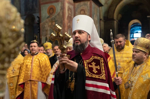 Kiev Ucrania Febrero 2019 Liturgia Entronización Del Primado Iglesia Ortodoxa —  Fotos de Stock