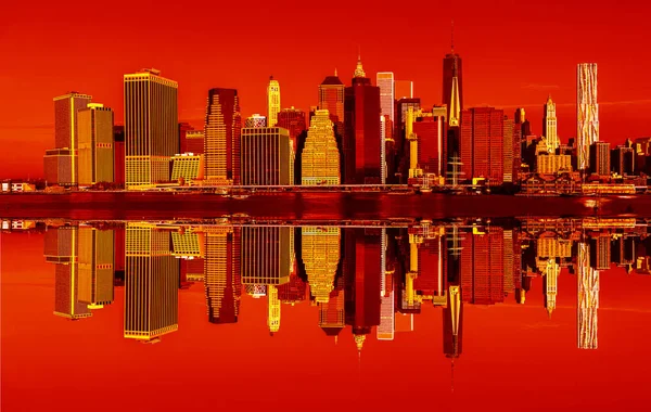 曼哈顿 纽约市天际线全景在时尚的霓虹灯颜色 当代艺术和海报风格 — 图库照片
