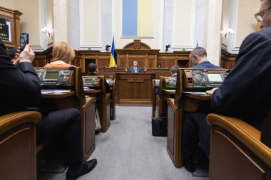 Kiev, Ukrayna - 07 Şubat 2019: Başkan, Ukrayna Petro Poroshenko Ukrayna, Kiev Verkhovna Rada bir toplantı sırasında