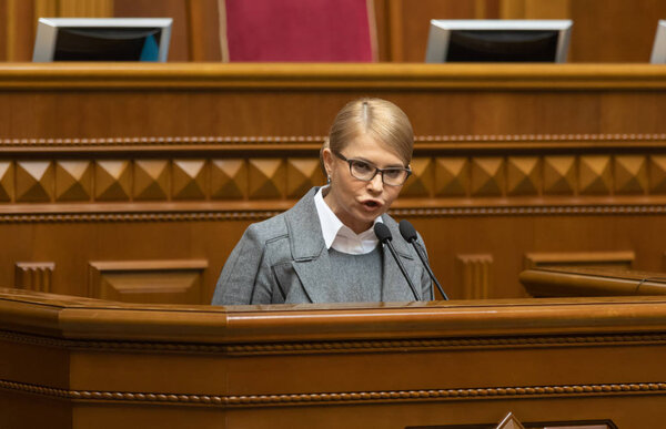 KIEV, UKRAINE - Feb. 07, 2019: Leader of the Batkivshchyna faction Yulia Tymoshenko during a meeting of the Verkhovna Rada of Ukraine, in Kiev