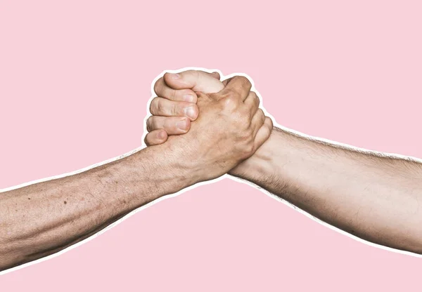Handskakning Mannens Handslag Tidningen Stil Collage Med Kopia Utrymme Abstrakt — Stockfoto