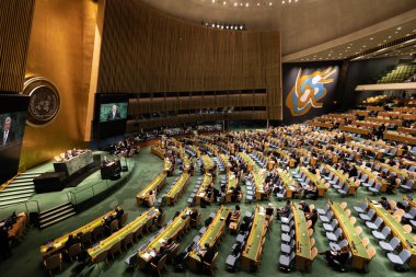 New York, ABD - 20 Şubat 2019: Ukrayna Cumhurbaşkanı Petro Poroshenko konuşuyor, BM Genel Kurulu New York'ta