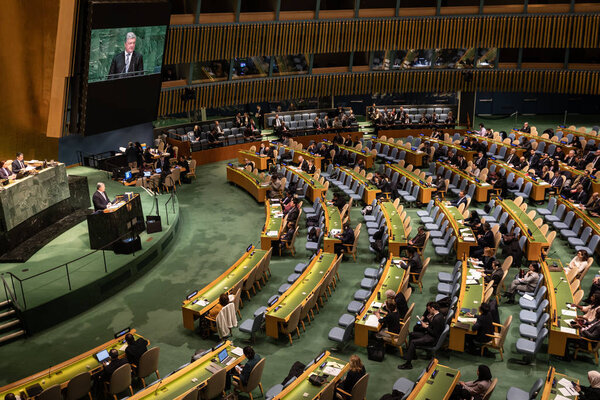 NEW YORK, USA - Feb 20, 2019: President of Ukraine Petro Poroshenko speaks at the UN General Assembly in New York