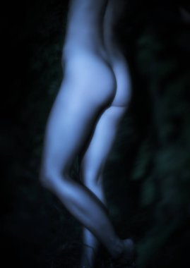 orman arka planda güneş ışığında çıplak kadın