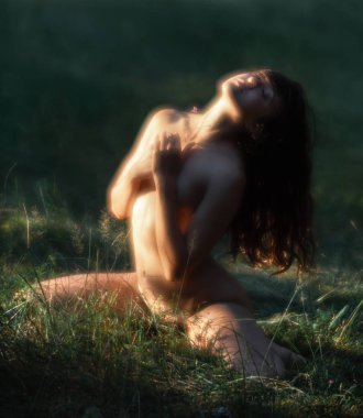 orman arka planda güneş ışığında çıplak kadın