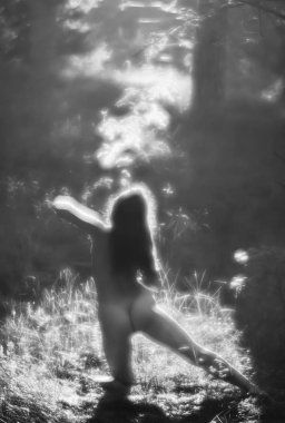 orman arka planda güneş ışığında çıplak kadın