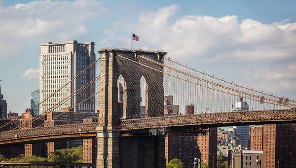 NEW YORK, USA - Apr 27, 2016: Manhattan. New York City skyline panorama with Brooklyn Bridge