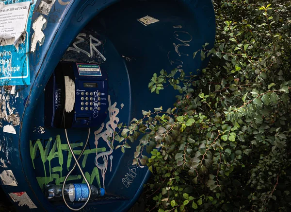 Old abandoned overgrown phone booth. — Stock Photo, Image