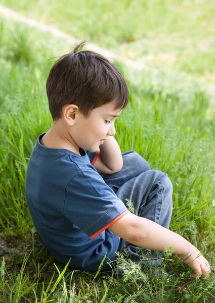 快乐生活的概念 在阳光下 一个小男孩坐在青草地上 用手机说话 — 图库照片