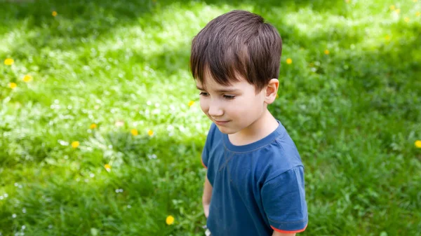 Conceito Estilo Vida Feliz Menino Está Entre Grama Verde Luz — Fotografia de Stock