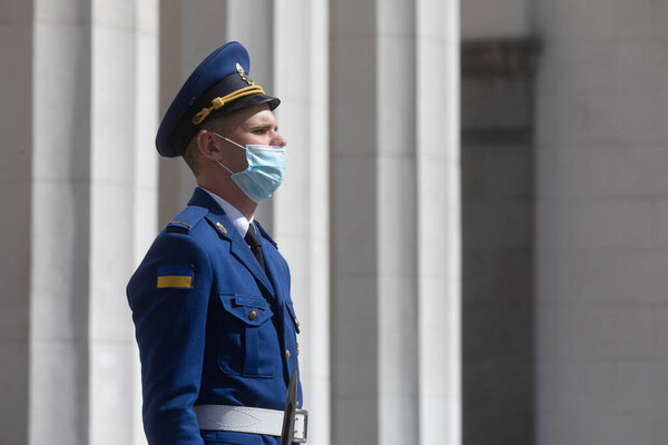KYIV, UKRAINE - Jul 16, 2020: Soldiers of the guard of honor of the Verkhovna Rada of Ukraine are serving near the parliament building (Verkhovna Rada) of Ukraine in Kyiv