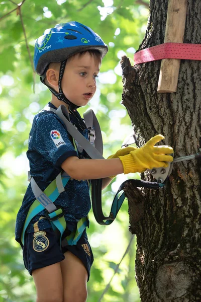 Uzhhorod Ukraine July 2020 Extreme Sport Adventure Park 小男孩从高高的树间穿过电缆 — 图库照片