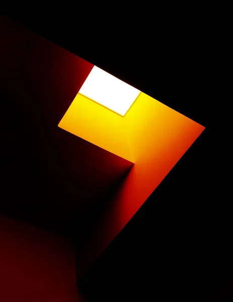 Light and shadow in architecture. Abstract interior fragment with ceiling, beams and window. Image in bright yellow, red and black colors