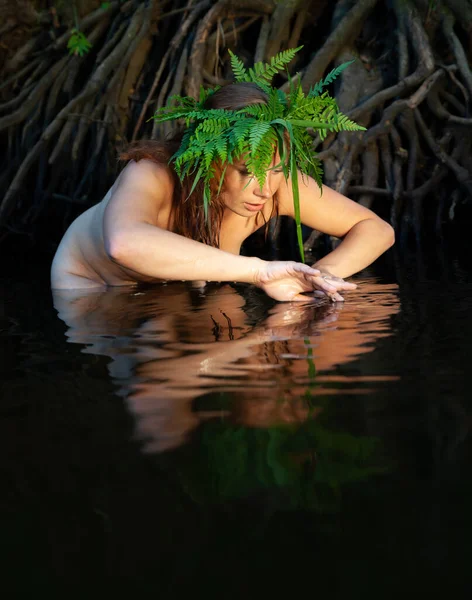 Uma Bela Jovem Mulher Nua Com Grinalda Samambaia Cabeça Desfrutando — Fotografia de Stock