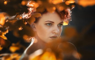 Genç kızıl saçlı bir kadının portresi. Sonbahar yaprakları arasında. Güneş ışınlarıyla aydınlatılmış.