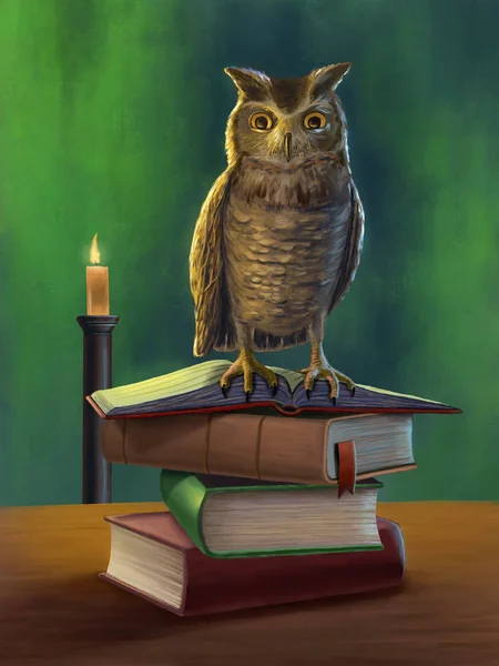 聪明的猫头鹰栖息在一堆书上 数字插画 — 图库照片