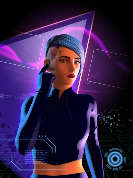 Cyberpunk Dziewczyna Niebieskie Włosy Ilustracja — Zdjęcie stockowe