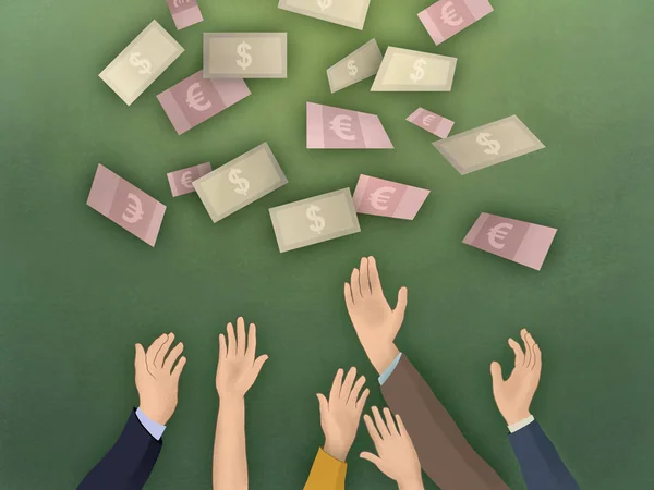 Raised Arms Trying Catch Some Falling Banknotes Digital Illustration — Stock Photo, Image