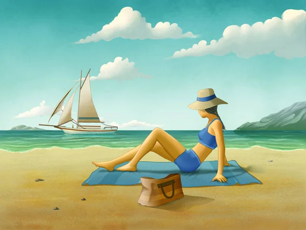 Dziewczyna Wypoczynek Plaży Patrząc Żaglówkę Rejsy Morzu Cyfrowy Ilustracja — Zdjęcie stockowe